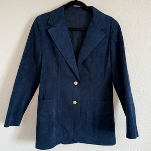 Vintage Union Womens Medium Navy Suede Blazer Gold Buttons Prep Old Money Luxury